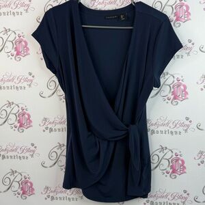 Tahari T-shirt draping blouse dark Navy Blue Women's Top flowy tie up